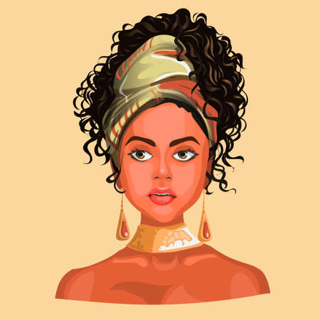 Illustration of an African or latinos Girl Wearing Pretty Head Scarves and Earrings. Exotic hand drawn text. Used for print design greeting card used for print design, banner, poster, flyer template.のイラスト素材