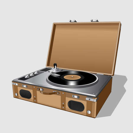 Vector neat accurate illustration of vintage turntable. Record player vinyl record. Realistic retro old turntable on white background. Isolated.のイラスト素材