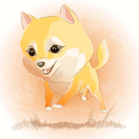 Cute Little Fox or puppy jumps and runs with butterflies. Cartoon character vector illustration. Can be used for print design greeting card used for print design, banner, poster, flyer template.のイラスト素材