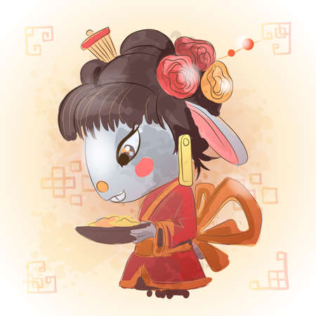 Chinese zodiac animal cartoon. Rabbit hand drawn character. Vector Design for your greetings card, flyers, invitation, posters, brochure, banners, calendar.のイラスト素材