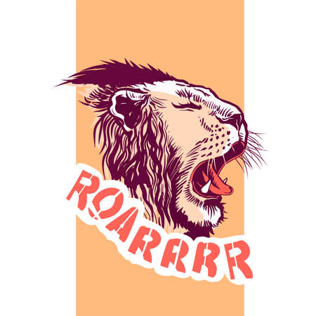 Hand drawn slogan with growling lion head style illustration. Roar text. Orange vertical background. Used for print design greeting card used for print design, banner, poster, flyer template.のイラスト素材