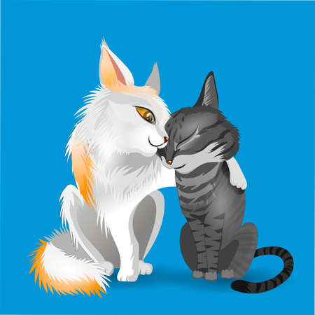 Two little cute cats. White cat and gray cat hug. Cartoon character. Classic handmate vector illustration. Isolated. Cats for animationのイラスト素材