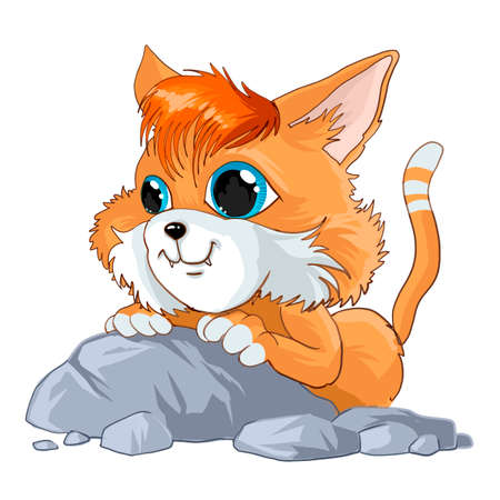 Orange little cute citten. Big blue eyes. Cartoon character. Classic handmate vector illustration. Isolated. Cat for animationのイラスト素材