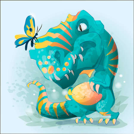 Cute Baby Dinosaur Playin with butterfly. Tyrannosaur. Cartoon character vector illustration. Can be used for print design greeting card used for print design, banner, poster, flyer template.のイラスト素材