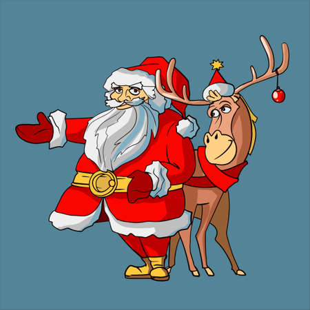 Santa Claus with Deer vector illustration. Merry Christmas cartoon picture. Cartoon character for new year design.Greeting picture for the postcard. Isolateのイラスト素材
