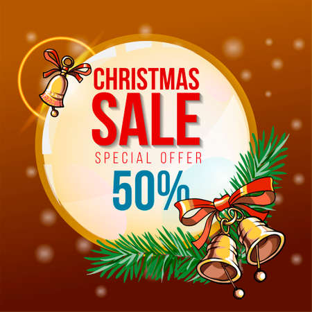 Special offer, Christmas sale, up to 50% off, square gold banner with snow globe, bell, neon circle and Christmas tree branches. Vector illustrationのイラスト素材
