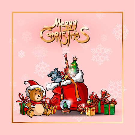 Happy New year. Rat, Teddy bear, christmas toys and gift box. Happy New year greeting card. Merry Christmas golden text and elegant pink backgroundのイラスト素材
