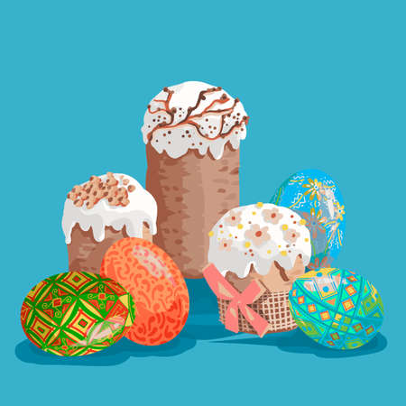 Happy Easter inscription or seasonal holiday square card with three realistic beautiful Easter eggs on white background. Isolated eggs. Vector illustration for greeting card, postcard.のイラスト素材