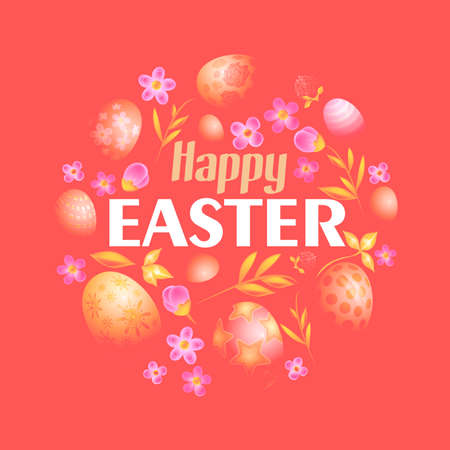 Lovely postcard template with decorated eggs on red background. Happy easter big text. Realictic vector illustration for spring religious holiday.のイラスト素材