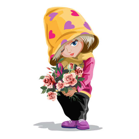 Valentines day greeting card. Little cute girl in a large hood with a pattern of hearts holding a bouquet of flowers in her hands. Girl character on white background. Isolated, vector illustration.のイラスト素材