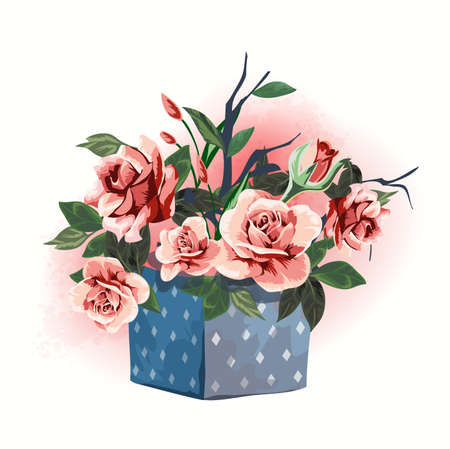 Illustration household items gift box decorated with flowers. Cute little romantic pictures with flowers. Beautiful pink roses.Isolated.のイラスト素材