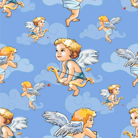 Beautiful seamless pattern. Valentines day love beautiful clouds of different sizes and Cupids with golden bows isolated on white background. Vector illustration.のイラスト素材