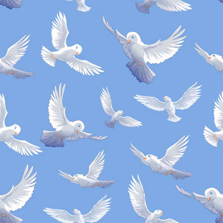 Beautiful seamless pattern. Valentines day card with pigeons on blue sky background. Vector illustration.のイラスト素材