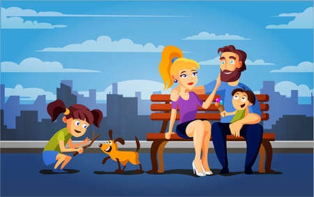 Family active holidays parents kids and dog in summer park on blue sky background.Family sitting on a bench. Cartoon vector illustration.のイラスト素材
