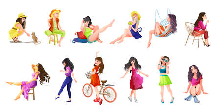 Vector People Set with Beautiful Girls and Women. Office Girl and a Housewife. Yoga girl, girl is sitting, resting, lying, thinking. Isolated vector illustration in cartoon style.のイラスト素材