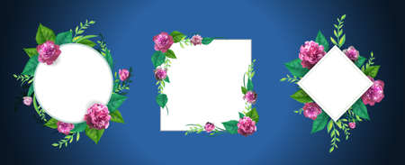Set with template for invitation, greeting card, decorated with pink flowers of roses, beautiful green leaves and a circle frame. 3d realistic vector illustration.のイラスト素材