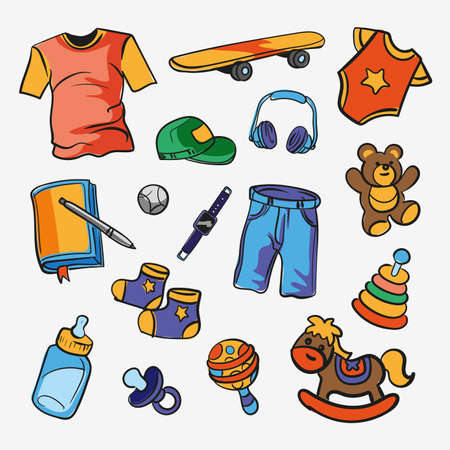 Set of children's and teenage things, clothes and toys. Hand drawn vector illustration. Funny illustration for backgrounds, web design, design elements, textile prints, covers, greeting cards.のイラスト素材
