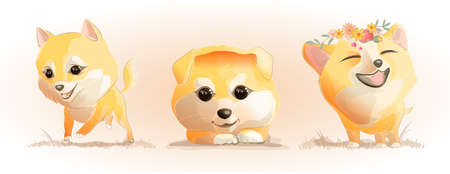 Set with cute Little Fox or puppy. Cartoon character vector illustration. Can be used for print design greeting card used for print design, banner, poster, flyer template.のイラスト素材