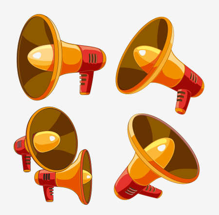 Set with 3d loudspeaker and megaphone with amplifier symbols, isolated, vector illustration.のイラスト素材