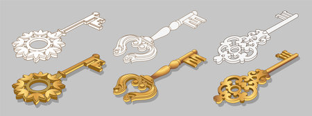 Old gold keys collection isolated on transparent background. Vector 3d set of vintage decorative golden keys for lock, house door or treasure. 3d shiny symbols of secret, security and privacy.のイラスト素材