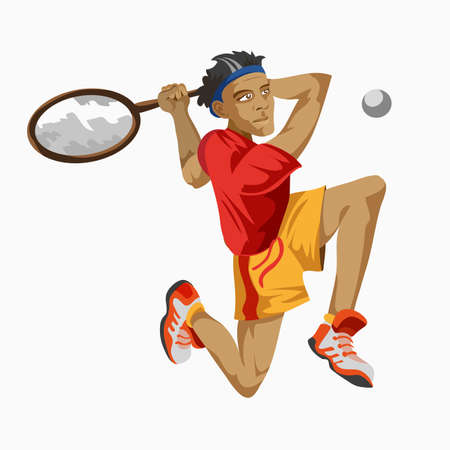 Cool tennis player with a racket in his hand. Sporting Championship People Competition. Sport Infographic Shot Put Athletics events. White background. Drawn in a flat style.のイラスト素材