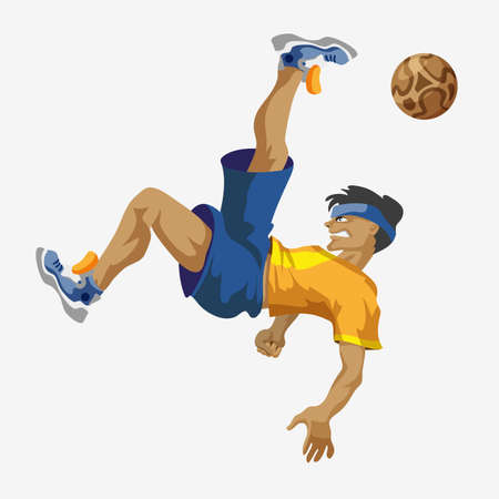 A football player, in a blue sports shirt, kicks a soccer ball. Sport Infographic events. Vector illustration in cartoon style, isolated flat anime style.のイラスト素材