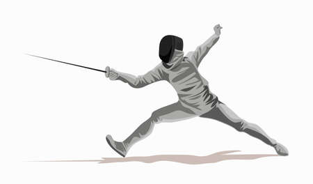Fencer. Man wearing fencing suit practicing with sword. Sports arena and lense-flares. Sport Infographic Shot Put Athletics events. White background. Drawn in a flat style.のイラスト素材