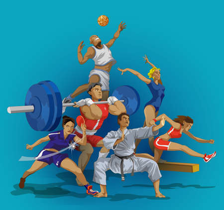 Sport people group. Collection of different sport activity. Professional athlet doing sport. Stylish card or banner for your sport design Vector illustration in cartoon anime style.のイラスト素材