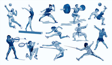Sport people set. Collection of different sport activity. Professional athlet doing sport. Basketball, football, karate, tennis, sprint, gymnastic, weightlifter. Vector illustration in cartoon style.のイラスト素材