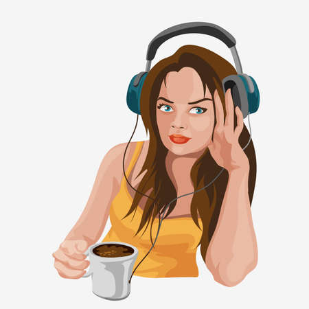 Cute girl with headphones listening music. Brunette in headphones drinks coffee. Vector character isolated on white background. Blonde woman sitting in headphones.のイラスト素材