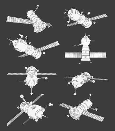 Vector set with spaceship satellite. Collection with 3d views old spaceship. Coloring page with 3d models. Isolatedのイラスト素材
