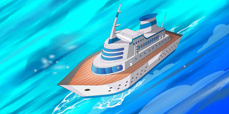 Cruise big ship 3d model good for travel and tourism ads, books, good for travel tourism brochure leaflet book cover page, leisure luxury holiday. Sea landscape, blue colors.のイラスト素材
