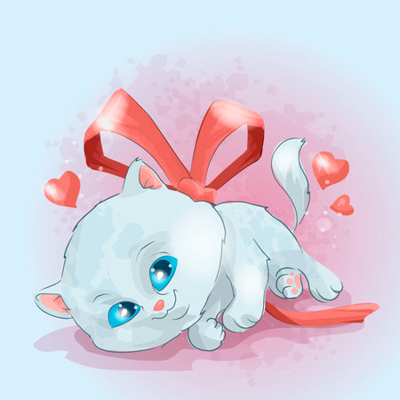 Little cute white kitten with red ribbon. Cute cat. Can be used for print design, baby shower celebration greeting and invitation card.のイラスト素材