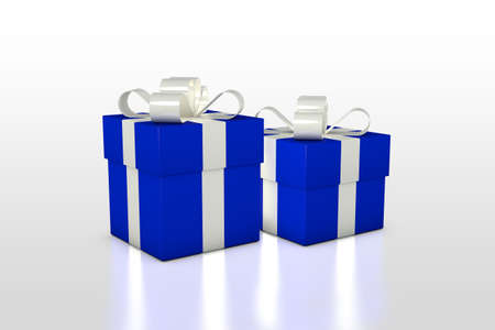 Christmas background with blue gift box and white shiny ribbonの写真素材