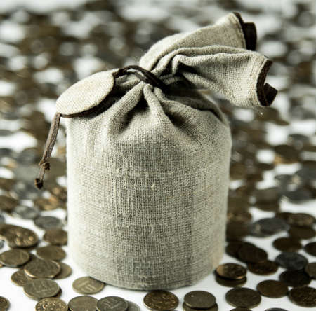 Linen canvas bag and coins, money on white backgroundの写真素材