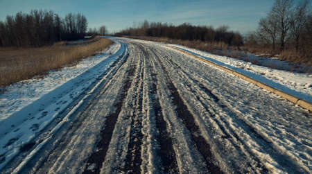 winter road between the fields and trees on the background of blue skyの写真素材