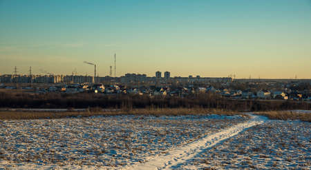 granite tiles and type of winter city of Pskov against the blue skyの写真素材