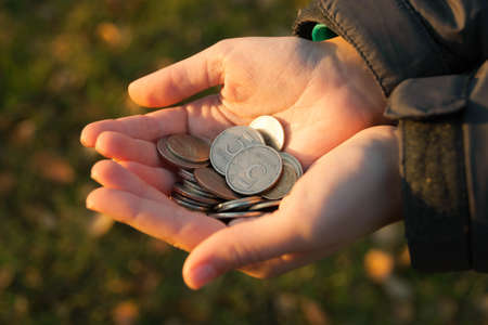 male hand with coins on a background of grassの写真素材
