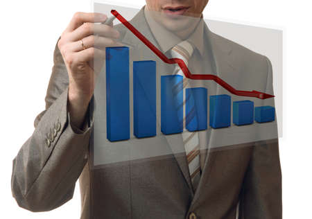 business concept. businessman drawing a graph down on corrugated glassの写真素材