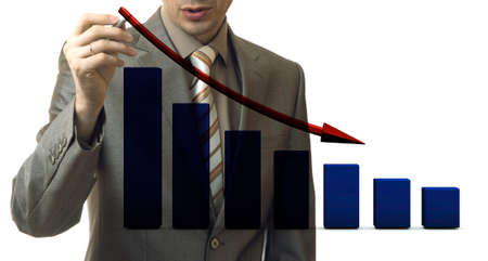 business concept. businessman drawing a graph down on corrugated glassの写真素材