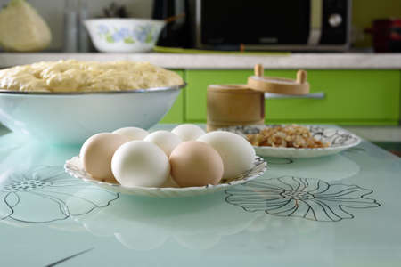 cabbage eggs and fried onions cooked for a pieの写真素材