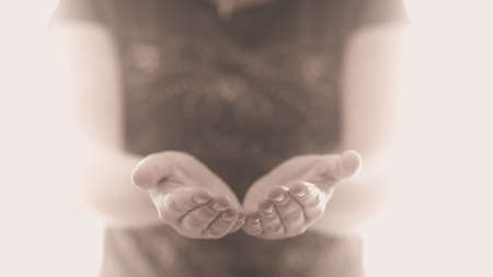 female hands on a background of white wallsの写真素材