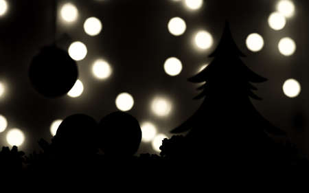silhouettes Christmas tree, tangerines on a dark background and lights in blurの写真素材