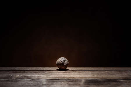 single walnut on a dark wooden backgroundの写真素材