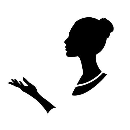 Vector illustration. Drawing silhouette profile of a young lady and a graceful woman's hand.のイラスト素材