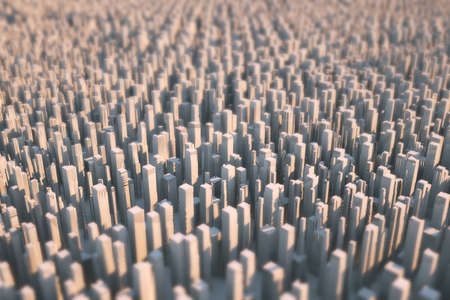 Abstract futuristic city consisting only of skyscrapers lit by the sun. Part of the background is...