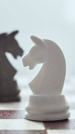 Vertical shot of white chess horse close up on a black horse in a blur. The concept of victory. Chess is an strategy and intelligence board game.の写真素材