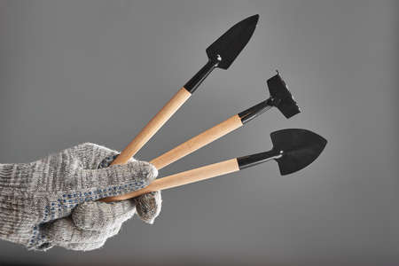 Hand in old glove holding gardening tools isolated on gray background.の写真素材