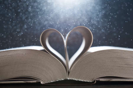 Horizontal shot of magical world of reading: magic book with pages transforming into heart.