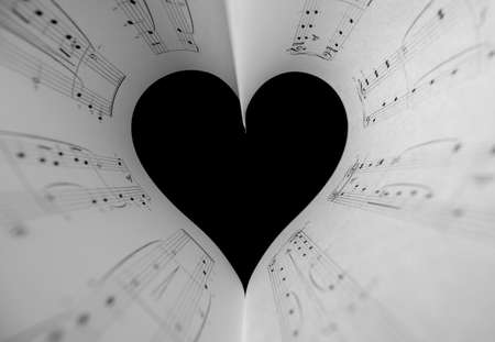 Horizontal shot of heart music notes. The black and white concept of the love of music.の写真素材